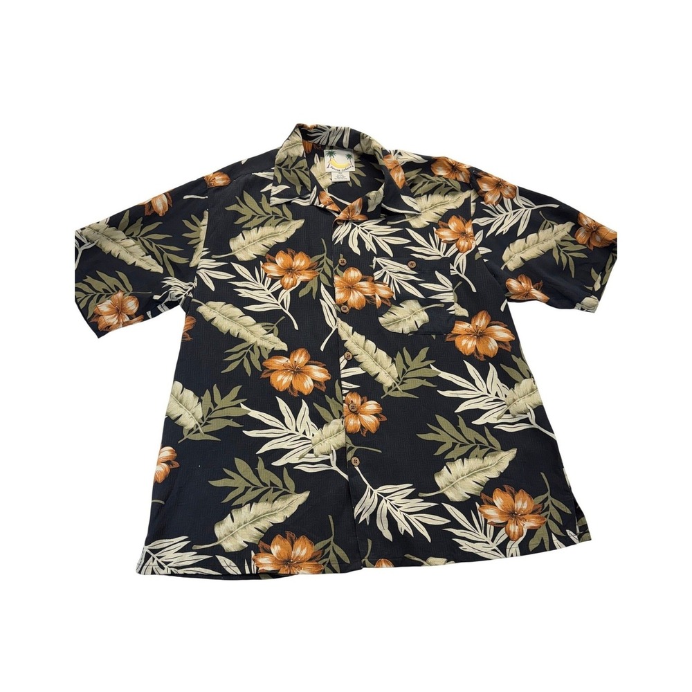 Banana Cabana Shirt Mens L Black Silk Camp Tropical Floral Hibiscus Button Up